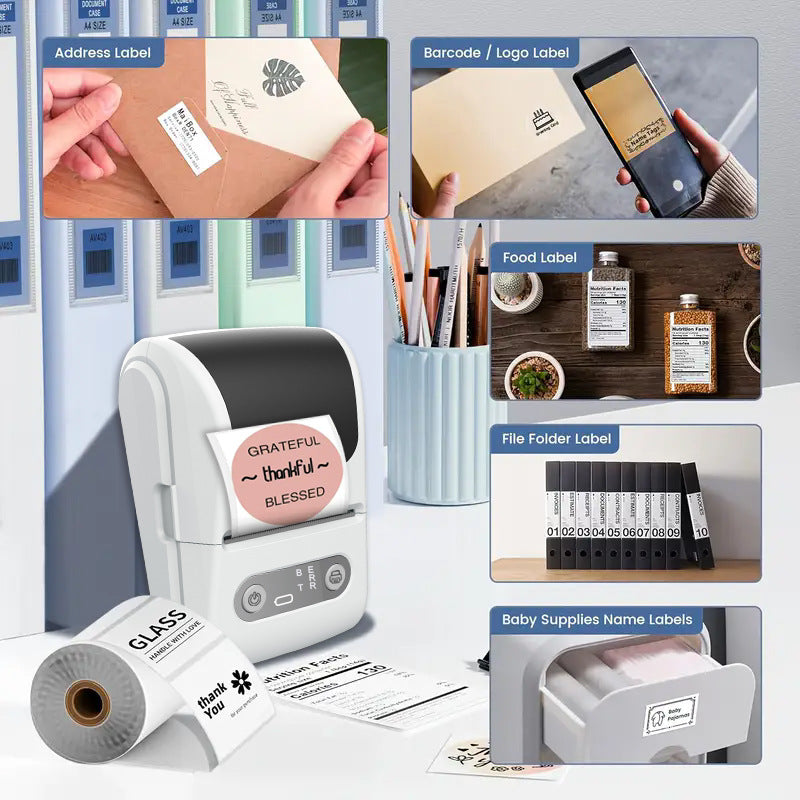 White Portable Bluetooth Thermal Label Printer - Compact, Ink-Free Mini Label Maker for Home, Office, and V888-ELOSUNG40633