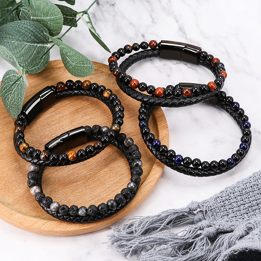 Natural Tiger Eye Stone Men's Leather Bracelet with Magnetic Clasp Beaded Braided Wristband Jewellery Gift V888-ELOSUNG40636
