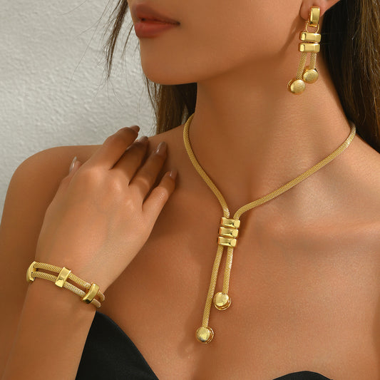 New European-Style Women's Jewelry Set - 18K Gold-Plated Long Necklace with Geometric Tassel Earrings and V888-ELOSUNG40638