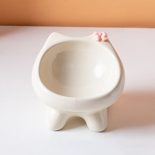 Beige Ceramic Elevated Cat Bowl Tilted Raised Pet Feeder with Anti-Slip Base Cute Design for Wet or Dry Food V888-ELOSUNG40656