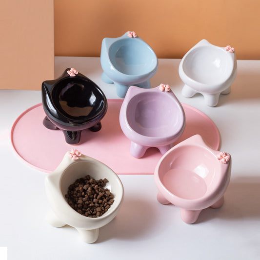 Beige Ceramic Elevated Cat Bowl Tilted Raised Pet Feeder with Anti-Slip Base Cute Design for Wet or Dry Food V888-ELOSUNG40656