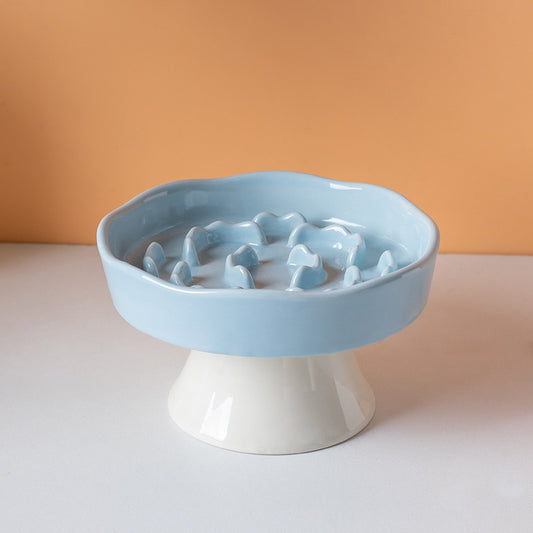 Blue Ceramic Elevated Slow Feeder Bowl Raised Pet Dish 310ml Anti-Vomit Puzzle Design for Cats and Small Dogs V888-ELOSUNG40671