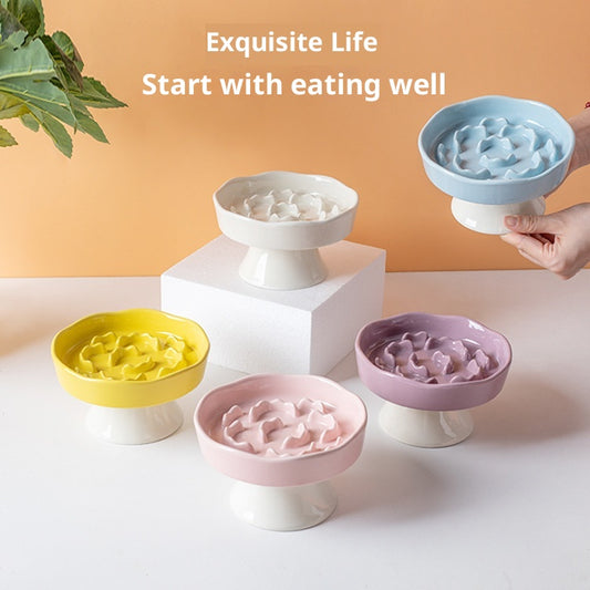 Blue Ceramic Elevated Slow Feeder Bowl Raised Pet Dish 310ml Anti-Vomit Puzzle Design for Cats and Small Dogs V888-ELOSUNG40671