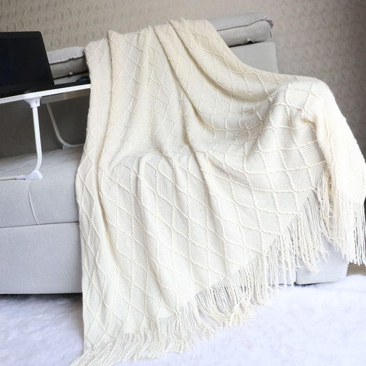 Beige Nordic Knitted Throw Blanket with Tassels 130x230cm Soft Acrylic Diamond Pattern Sofa Cover Bed Runner V888-ELOSUNG40734