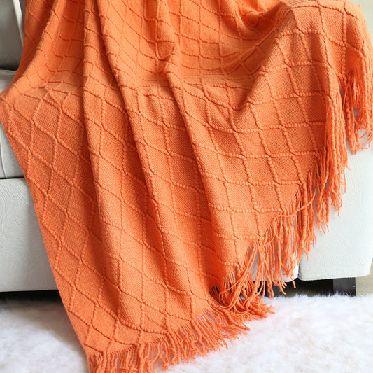 Orange-red Nordic Knitted Throw Blanket with Tassels 130x230cm Soft Acrylic Diamond Pattern Sofa Cover Bed V888-ELOSUNG40737