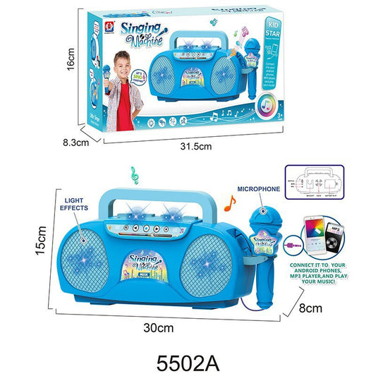 Blue Kids Portable Singing Machine Karaoke Boombox Toy with Microphone Flashing Lights and MP3 Music Player V888-ELOSUNG40795
