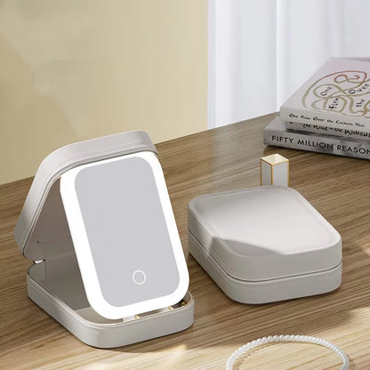 White Portable LED Makeup Mirror with Jewellery Storage Box Touch Screen Adjustable Light Travel Cosmetic V888-ELOSUNG40800