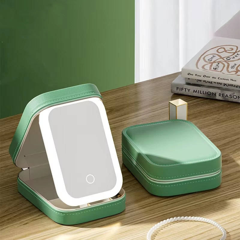 Green Portable LED Makeup Mirror with Jewellery Storage Box Touch Screen Adjustable Light Travel Cosmetic V888-ELOSUNG40801