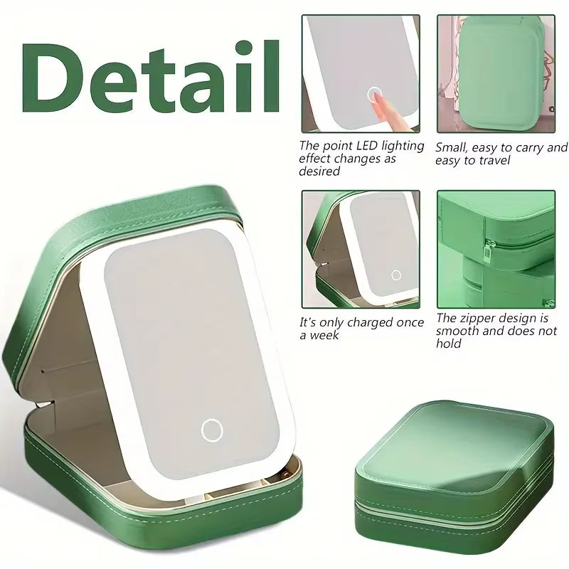 Green Portable LED Makeup Mirror with Jewellery Storage Box Touch Screen Adjustable Light Travel Cosmetic V888-ELOSUNG40801