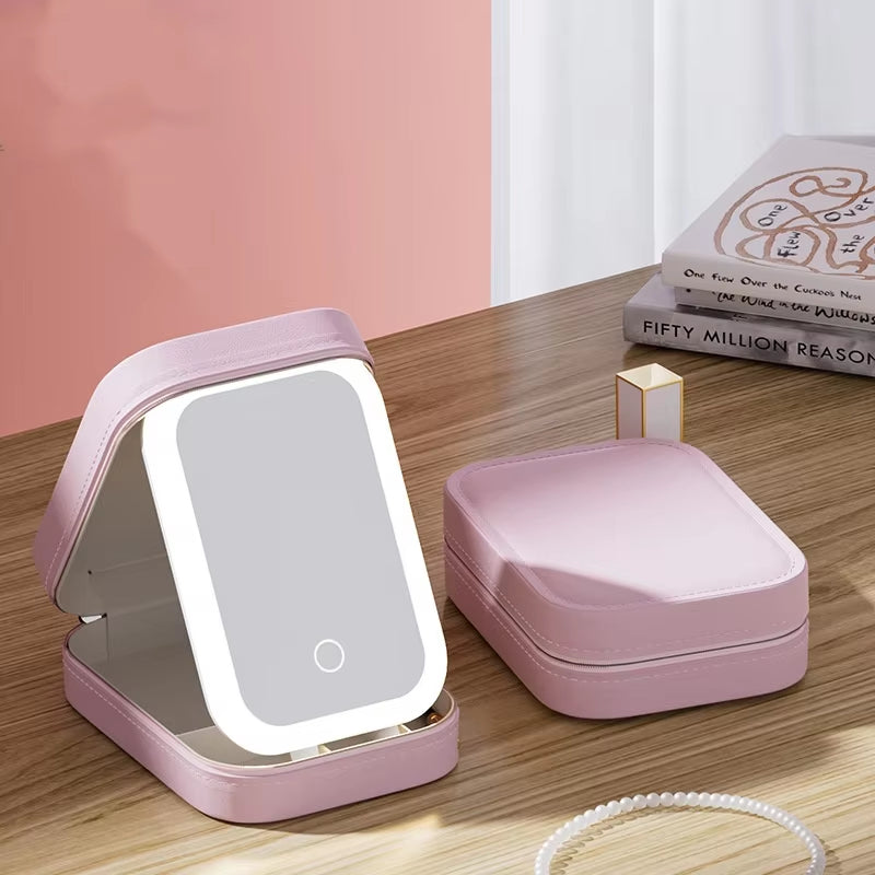 Pink Portable LED Makeup Mirror with Jewellery Storage Box Touch Screen Adjustable Light Travel Cosmetic V888-ELOSUNG40802
