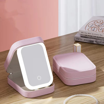 Pink Portable LED Makeup Mirror with Jewellery Storage Box Touch Screen Adjustable Light Travel Cosmetic V888-ELOSUNG40802