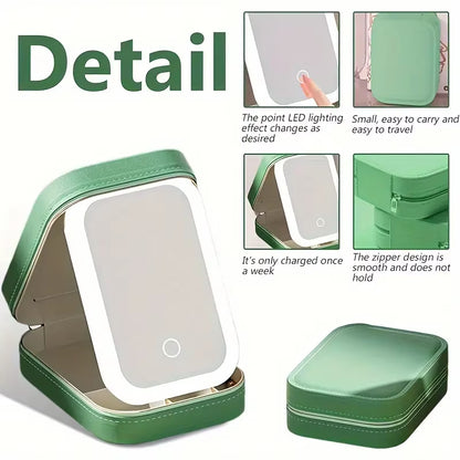 Pink Portable LED Makeup Mirror with Jewellery Storage Box Touch Screen Adjustable Light Travel Cosmetic V888-ELOSUNG40802