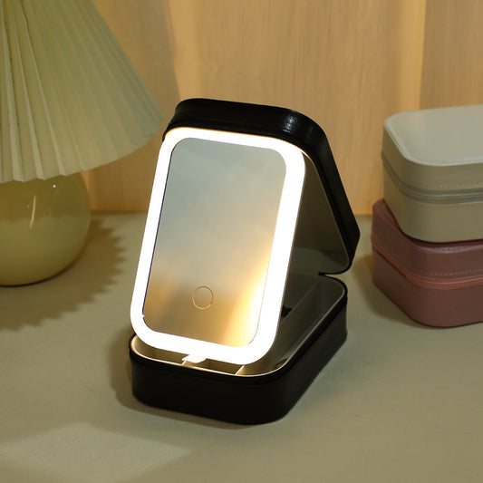 Black Portable LED Makeup Mirror with Jewellery Storage Box Touch Screen Adjustable Light Travel Cosmetic V888-ELOSUNG40803
