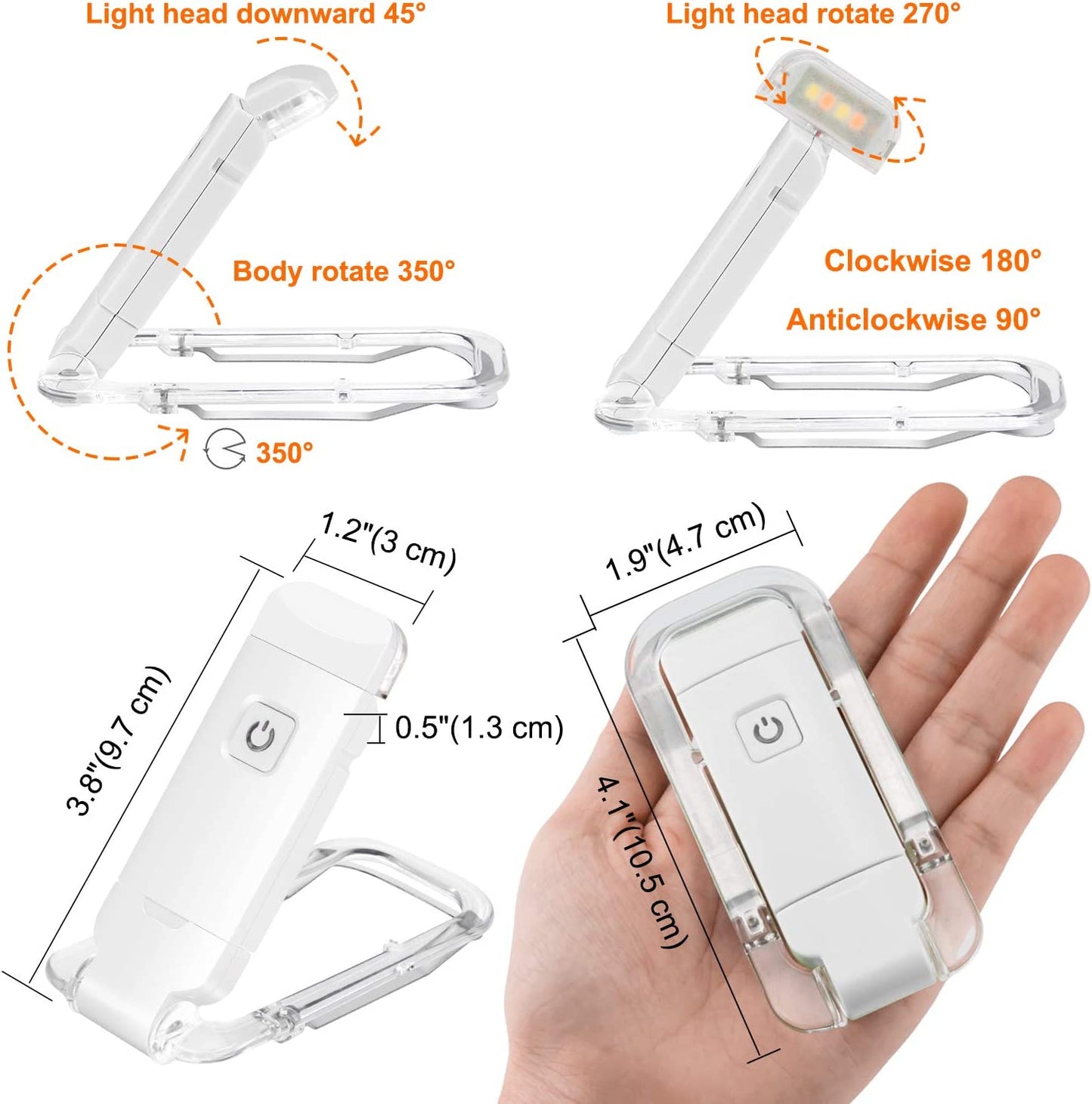 2-PCS White Mini USB Rechargeable LED Book Light Eye Protection Reading Lamp with Adjustable Clip and V888-ELOSUNG40876