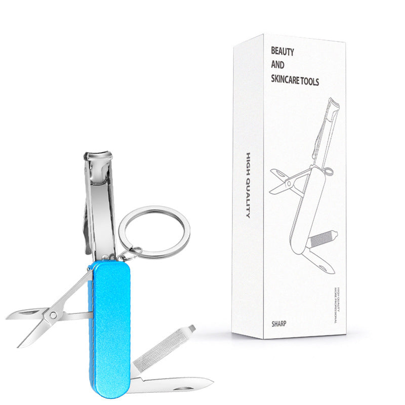 2-PCS Blue 5-in-1 Foldable Stainless Steel Nail Clipper Multitool Keychain with Knife Scissors and File V888-ELOSUNG40900