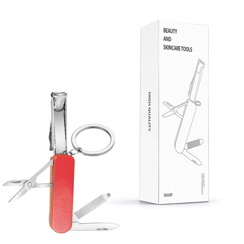 2-PCS Red 5-in-1 Foldable Stainless Steel Nail Clipper Multitool Keychain with Knife Scissors and File V888-ELOSUNG40901
