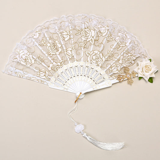 2 Pack White lace, white roses Vintage Lace Folding Fans Gothic Palace Style with Rose Cross Tassels for Tea V888-ELOSUNG40938