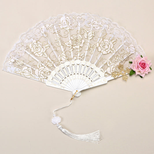 2 Pack White lace pink roses Vintage Lace Folding Fans Gothic Palace Style with Rose Cross Tassels for Tea V888-ELOSUNG40939