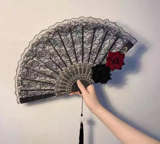2 Pack White lace pink roses Vintage Lace Folding Fans Gothic Palace Style with Rose Cross Tassels for Tea V888-ELOSUNG40939
