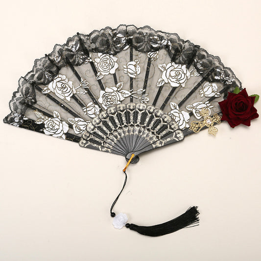 2 Pack Black Lace Burgundy Rose Vintage Lace Folding Fans Gothic Palace Style with Rose Cross Tassels for Tea V888-ELOSUNG40940