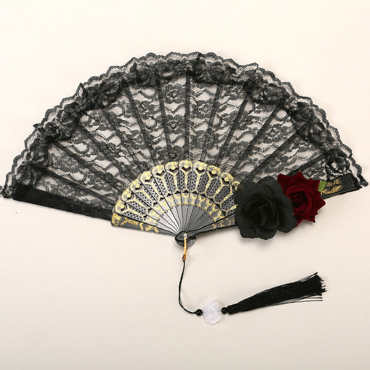 2 Pack Double Rose Obscur Vintage Lace Folding Fans Gothic Palace Style with Rose Cross Tassels for Tea Party V888-ELOSUNG40943
