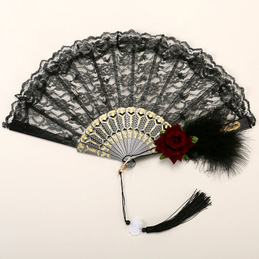 2 Pack Black Feather Wine-Red Rose Lace Vintage Lace Folding Fans Gothic Palace Style with Rose Cross Tassels V888-ELOSUNG40944