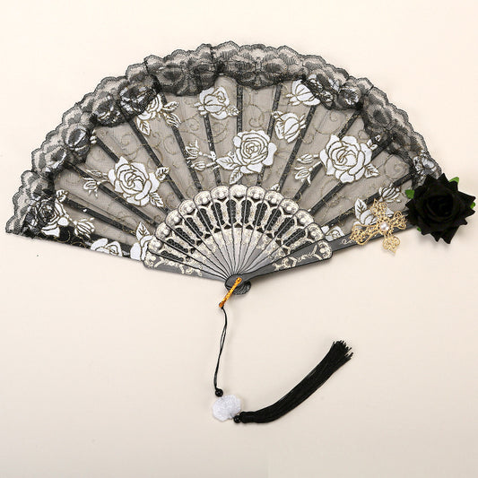 2 Pack Black Lace Black Rose Cross Vintage Lace Folding Fans Gothic Palace Style with Rose Cross Tassels for V888-ELOSUNG40945