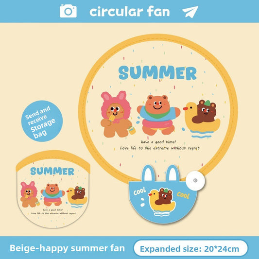 5 Pack Beige Happy Summer Cute Cartoon Folding Hand Fans Portable Mini Circular Fans 20x24cm for Aussie V888-ELOSUNG40947