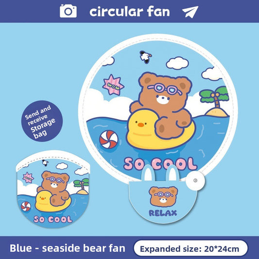 5 Pack Blue Seaside Bear Cute Cartoon Folding Hand Fans Portable Mini Circular Fans 20x24cm for Aussie Summer V888-ELOSUNG40948