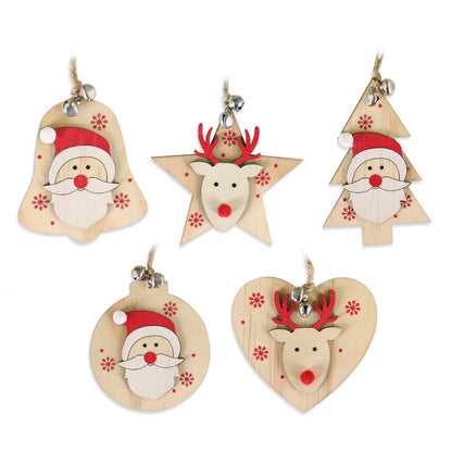 5 SET Rustic Wooden Christmas Hanging Ornaments with Bells - Santa, Reindeer, Tree & More (5 Designs) V888-ELOSUNG41004