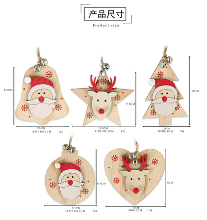 5 SET Rustic Wooden Christmas Hanging Ornaments with Bells - Santa, Reindeer, Tree & More (5 Designs) V888-ELOSUNG41004