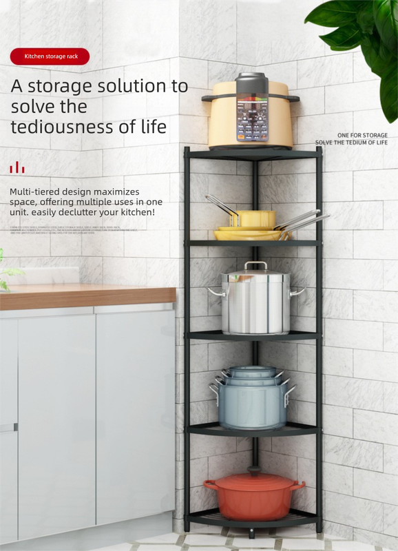 5-Tier Kitchen Corner Shelf Stand - Heavy Duty Carbon Steel Pot & Pan Organiser - Rust Resistant Freestanding V888-ELOSUNG41026