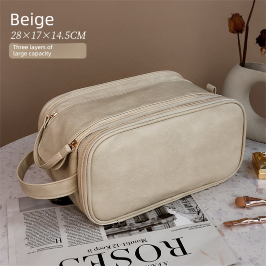 Luxury Cream Beige Large Capacity Makeup Bag - 3-Layer Double Zipper Travel Toiletry Organizer with V888-ELOSUNG41033