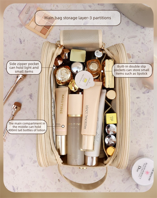 Luxury Cream Beige Large Capacity Makeup Bag - 3-Layer Double Zipper Travel Toiletry Organizer with V888-ELOSUNG41033