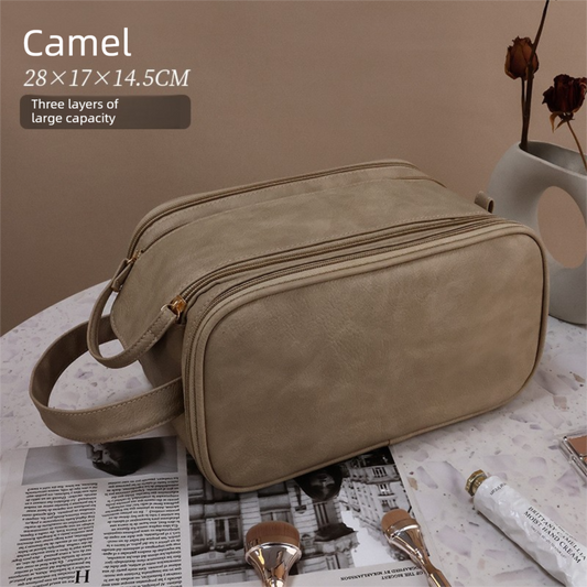 Luxury Camel Colour Large Capacity Makeup Bag - 3-Layer Double Zipper Travel Toiletry Organizer with V888-ELOSUNG41034