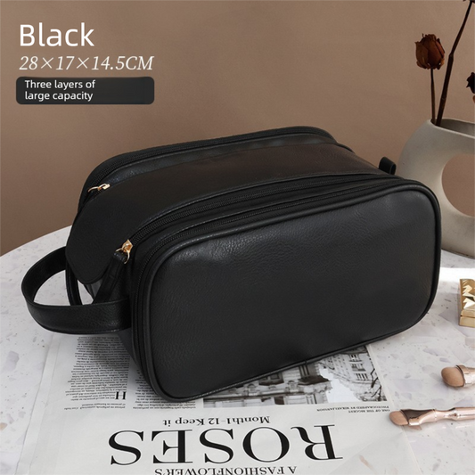 Luxury Black Large Capacity Makeup Bag - 3-Layer Double Zipper Travel Toiletry Organizer with Waterproof TPU V888-ELOSUNG41035
