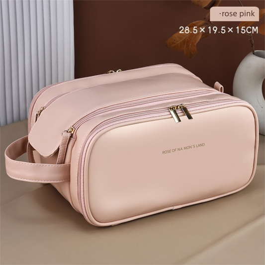 Large Pink PU Leather Makeup Bag Dual Zipper Cosmetic Travel Case Waterproof Toiletry Organiser with Brush V888-ELOSUNG41036