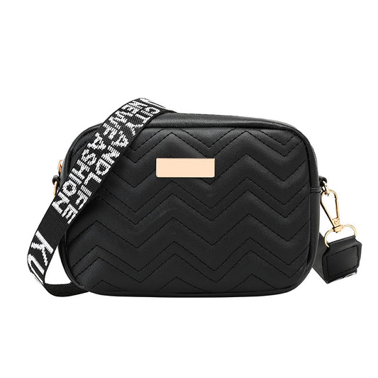 Women's Black Quilted Crossbody Bag Small PU Leather Shoulder Purse with Wide Patterned Strap Ideal for V888-ELOSUNG41037