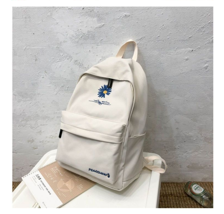 Daisy Embroidered Waterproof Backpack School Bag White Nylon Laptop Daypack for High School Uni and Travel V888-ELOSUNG41053