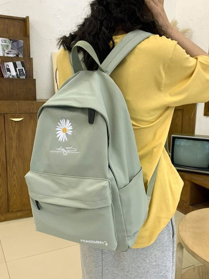 Daisy Embroidered Waterproof Backpack School Bag Green Nylon Laptop Daypack for High School Uni and Travel V888-ELOSUNG41054