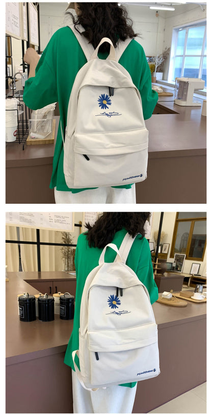 Daisy Embroidered Waterproof Backpack School Bag Black Nylon Laptop Daypack for High School Uni and Travel V888-ELOSUNG41055