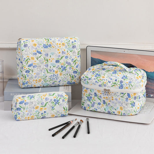 3SET Quilted Floral Makeup Bag Collection Cute Rabbit Pattern Cosmetic Pouch &Travel Toiletry Organizer & V888-ELOSUNG41059