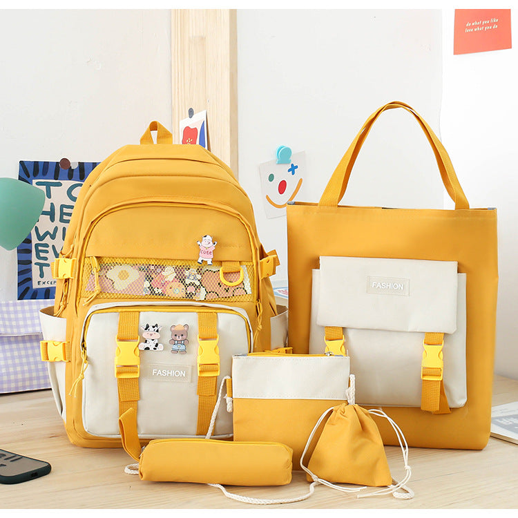 5 Piece Aesthetic School Backpack Set Yellow Oxford Fabric Fits 14 Inch Laptop V888-ELOSUNG41060