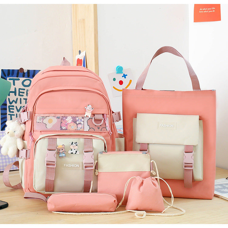 5 Piece Aesthetic School Backpack Set Pink Oxford Fabric Fits 14 Inch Laptop V888-ELOSUNG41064