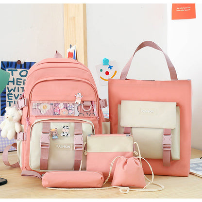 5 Piece Aesthetic School Backpack Set Pink Oxford Fabric Fits 14 Inch Laptop V888-ELOSUNG41064