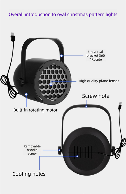 Black Christmas LED Projection Lights Portable USB Holiday Atmosphere Lights 360-Degree Rotating Base Ideal V888-ELOSUNG41068