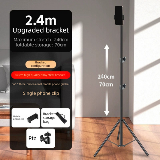 2.4m Black Tripod Stand with Phone Holder Adjustable Floor Stand for Live Streaming Vlogging Overhead Video V888-ELOSUNG41071