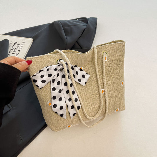 Khaki Women's Straw Woven Tote Bag Summer Daisy Embroidery Shoulder Handbag with Ribbon Scarf V888-ELOSUNG41080