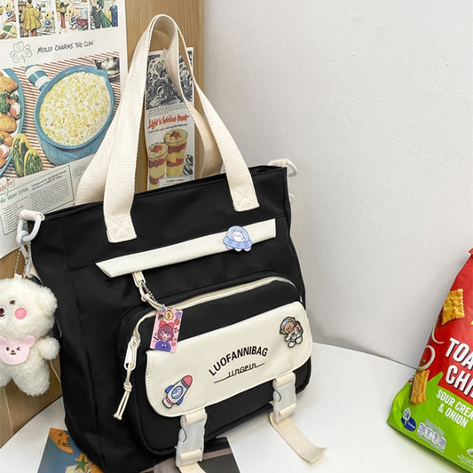 Women's Kawaii Black Shoulder Bag with Cute Bear Plush Charm and 4 Badges Large Capacity Nylon Tote School V888-ELOSUNG41082