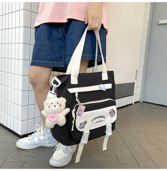 Women's Kawaii Black Shoulder Bag with Cute Bear Plush Charm and 4 Badges Large Capacity Nylon Tote School V888-ELOSUNG41082